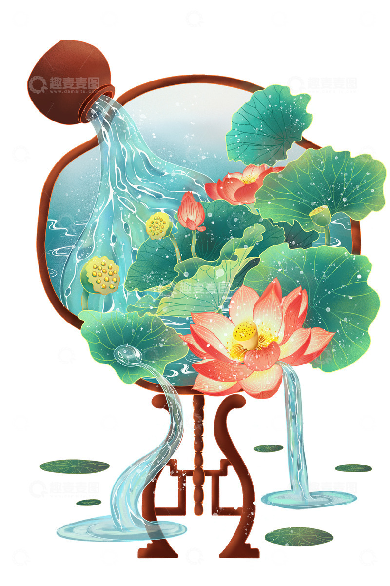 源文件下载【趣麦麦图】国风荷花团扇中国风荷花池塘插画