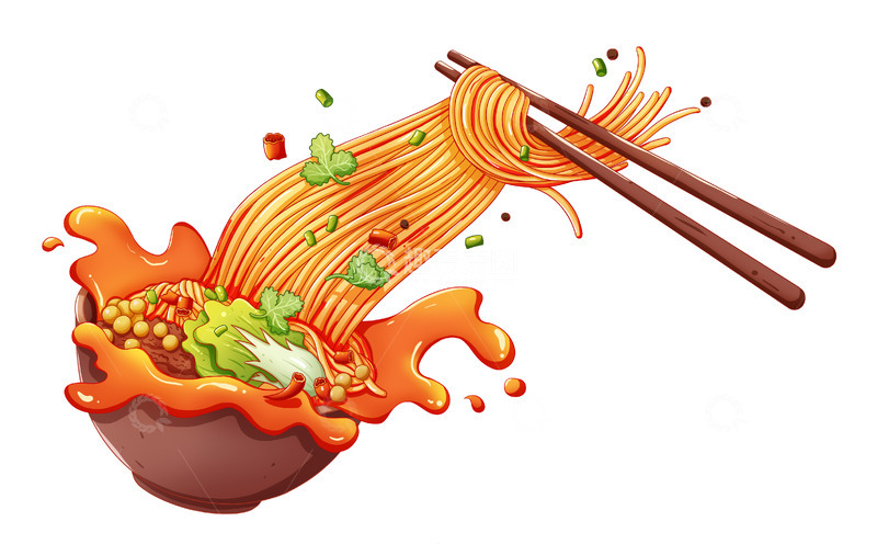 麻辣重庆小面手绘面条美食插画元素