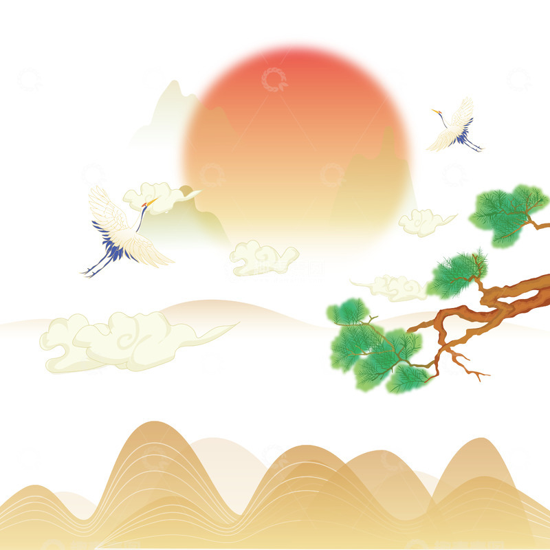 源文件下载【趣麦麦图】山 松树 云 仙鹤 红日