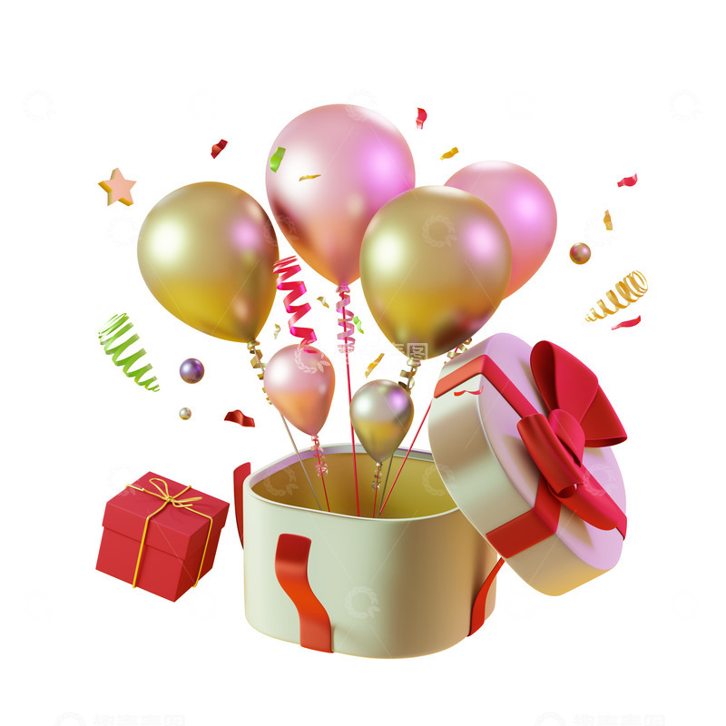 源文件下载【趣麦麦图】打开的气球礼包礼盒3D促销装饰元素