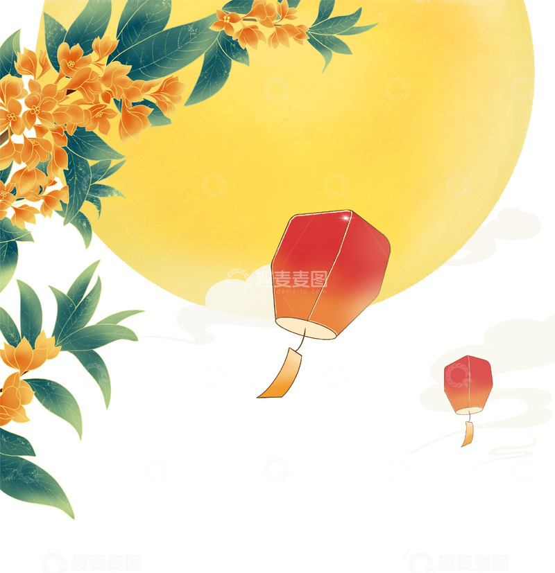 源文件下载【趣麦麦图】手绘中国风国潮秋天桂花月亮装饰插画元素