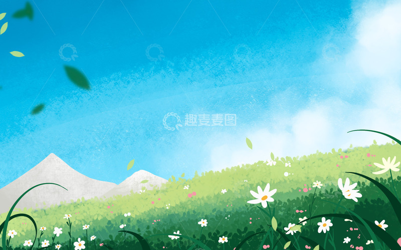 源文件下载【趣麦麦图】-手绘春天草坪户外花卉蓝天白云插画海报