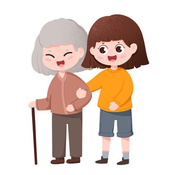 卡通手绘女孩搀扶老人免抠元素
