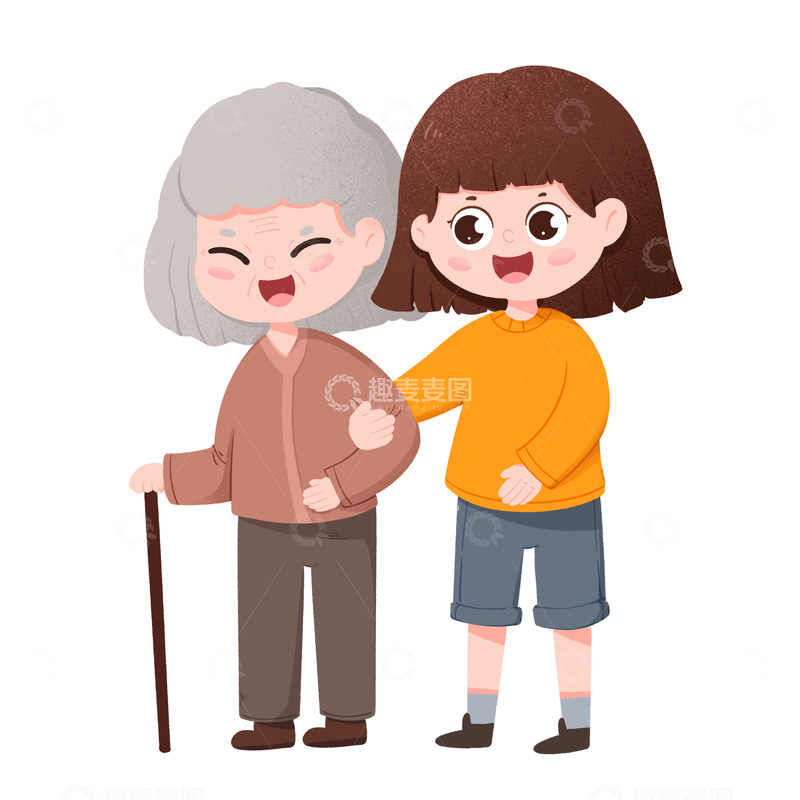 卡通手绘女孩搀扶老人免抠元素