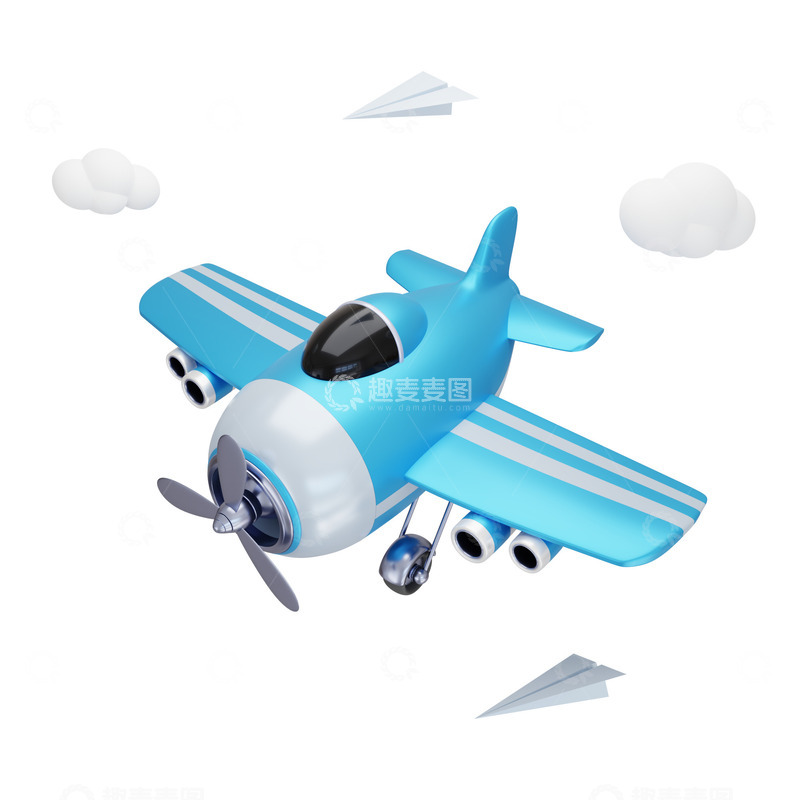 源文件下载【趣麦麦图】3D立体卡通蓝色螺旋桨飞机模型