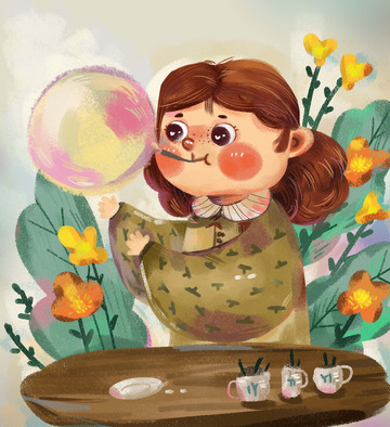 儿插卡通文创可爱手绘小女孩吹泡泡