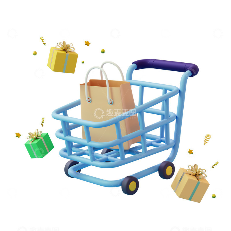 源文件下载【趣麦麦图】卡通购物车购物袋礼盒3D促销元素
