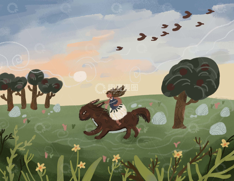 源文件下载【趣麦麦图】小女孩骑马儿插手绘插画文创卡通
