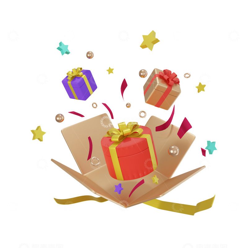 源文件下载【趣麦麦图】打开的惊喜大礼包礼品盒3D促销活动元素