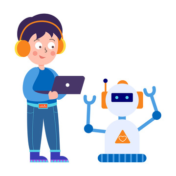 卡通简约玩机器人的小孩