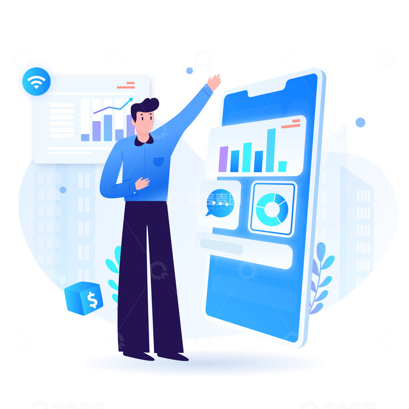 源文件下载【趣麦麦图】蓝色商务互联网人物办公装饰线条插画元素