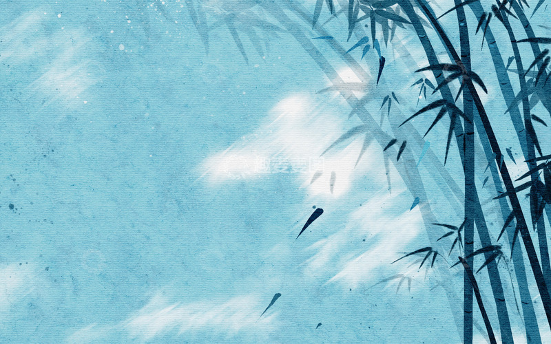 源文件下载【趣麦麦图】手绘大气竹叶竹林中国风水墨蓝色海报背景