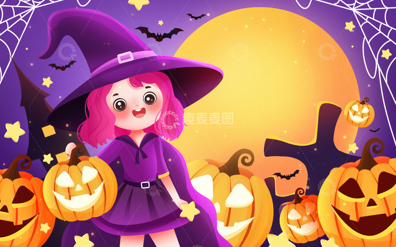 源文件下载【趣麦麦图】万圣节小魔女南瓜灯插画海报