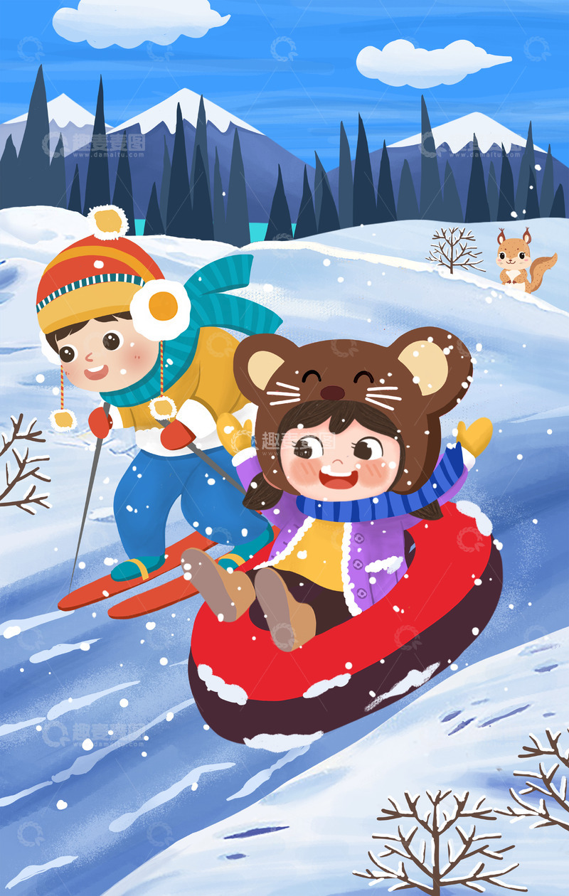 源文件下载【趣麦麦图】男孩女孩冬日山坡滑雪