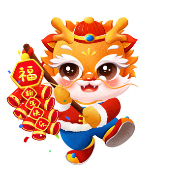 春节龙年形象烟花爆竹手绘国潮插画元素