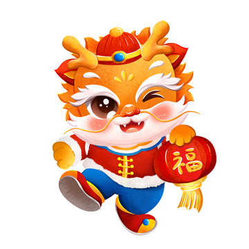 春节龙年形象手提灯笼福字手绘国潮插画元素