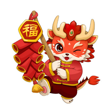拿鞭炮爆竹的卡通小龙人