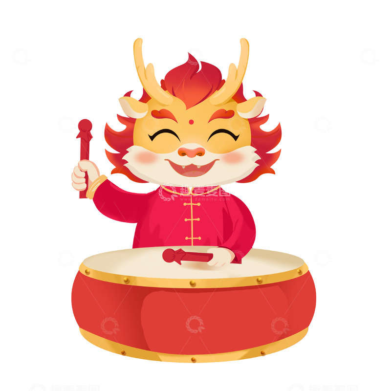 龙年敲鼓形象手绘图