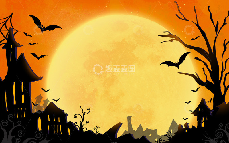 源文件下载【趣麦麦图】手绘扁平月亮搞怪房屋万圣节插画海报