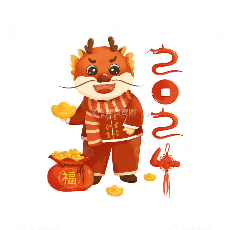 源文件下载【趣麦麦图】2024新年 金元宝 可爱龙形象