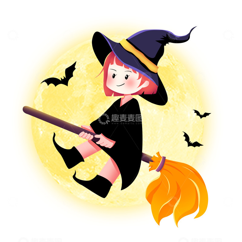 源文件下载【趣麦麦图】万圣节女巫扫帚卡通手绘元素