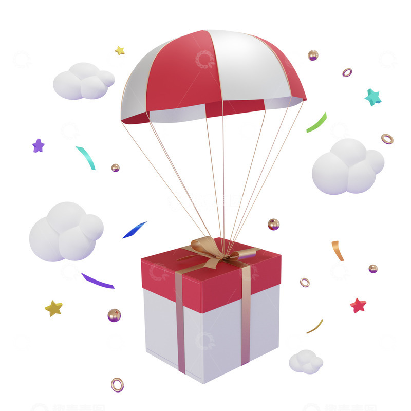源文件下载【趣麦麦图】红白色降落伞礼盒3D促销元素