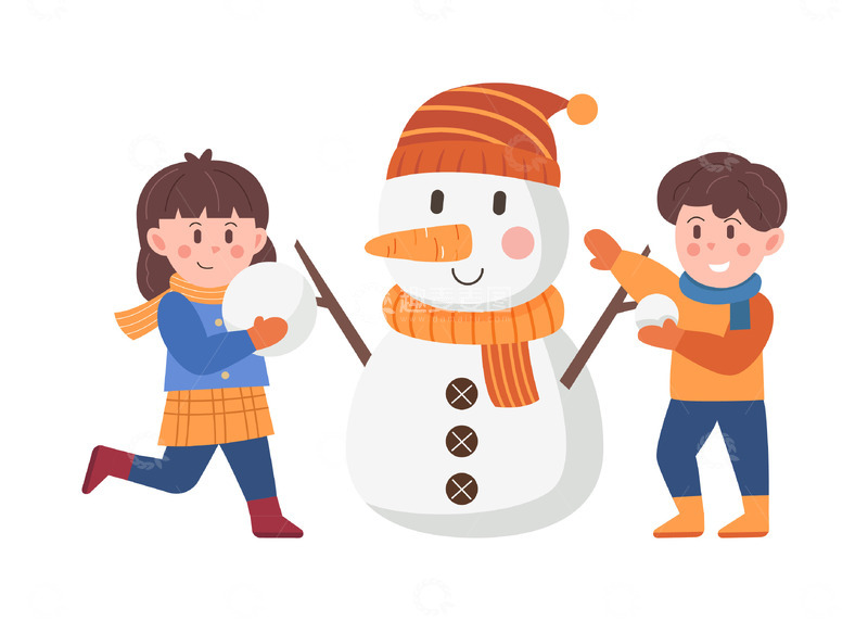 源文件下载【趣麦麦图】卡通简约堆雪人的小孩子们