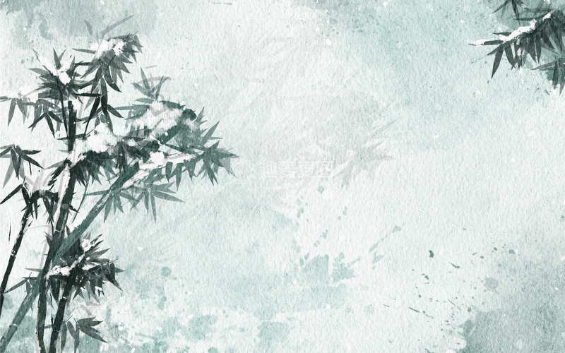 源文件下载【趣麦麦图】手绘立冬竹林竹叶水墨插画水彩下雪背景