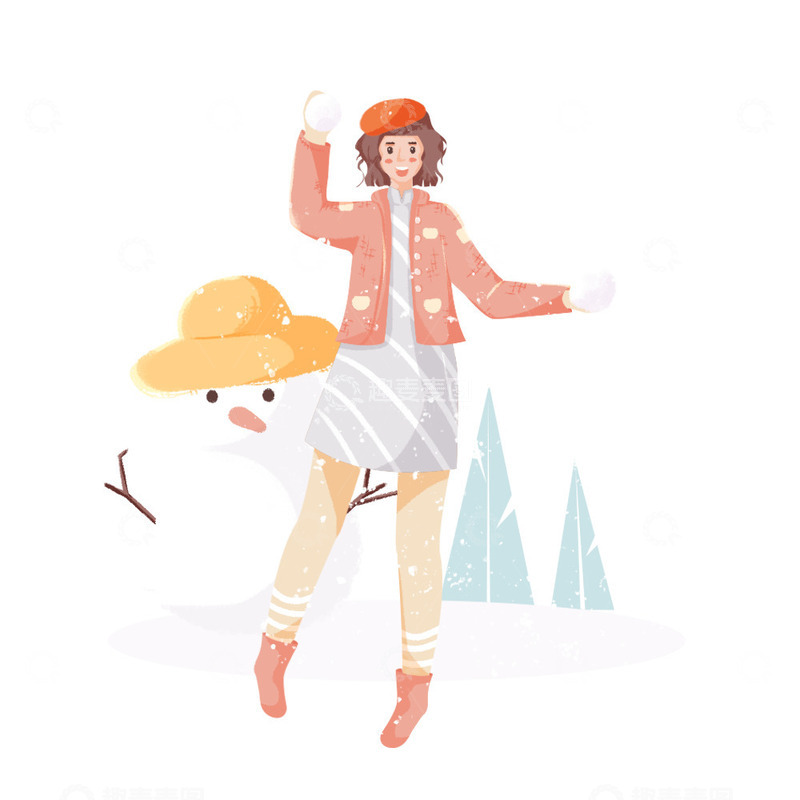 源文件下载【趣麦麦图】简约冬季打雪仗堆雪人