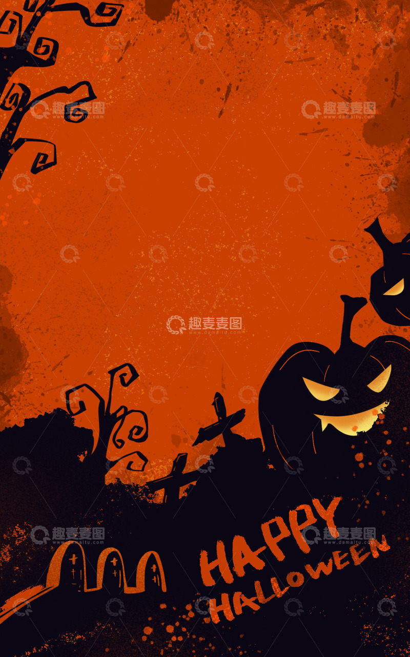 源文件下载【趣麦麦图】-手绘涂鸦橙色万圣节狂欢插画海报背景