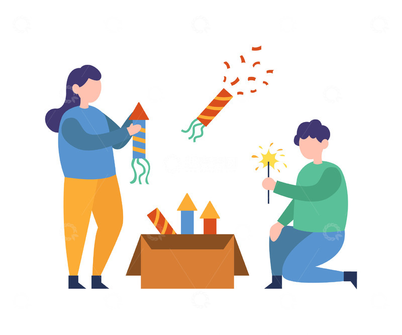 源文件下载【趣麦麦图】扁平风格放烟花爆竹的人