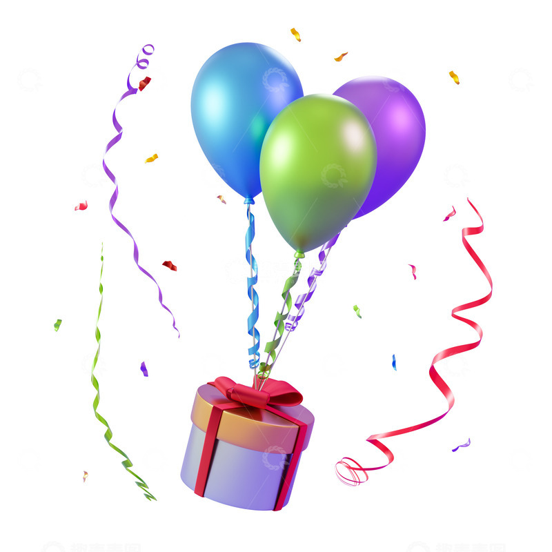 源文件下载【趣麦麦图】促销活动彩色节日气球礼物包装盒3D元素