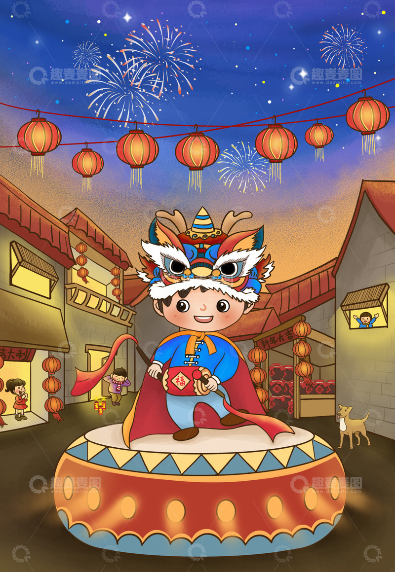 源文件下载【趣麦麦图】新年夜晚小男孩表演打鼓