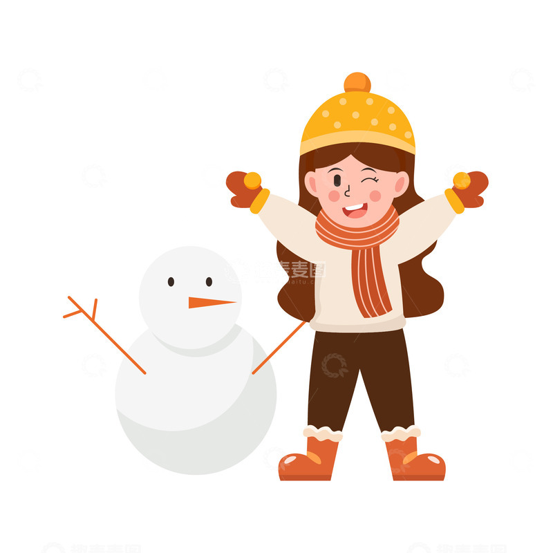 源文件下载【趣麦麦图】卡通简约堆雪人的小女孩