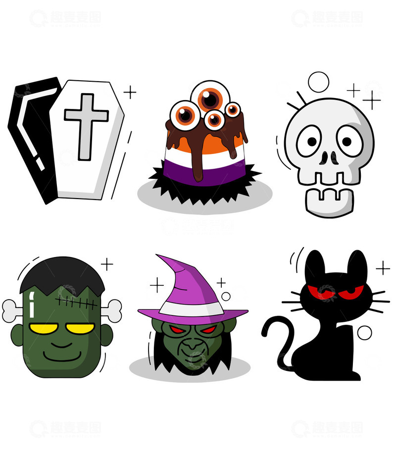 源文件下载【趣麦麦图】万圣节卡通扁平化女巫幽灵眼球蛋糕元素