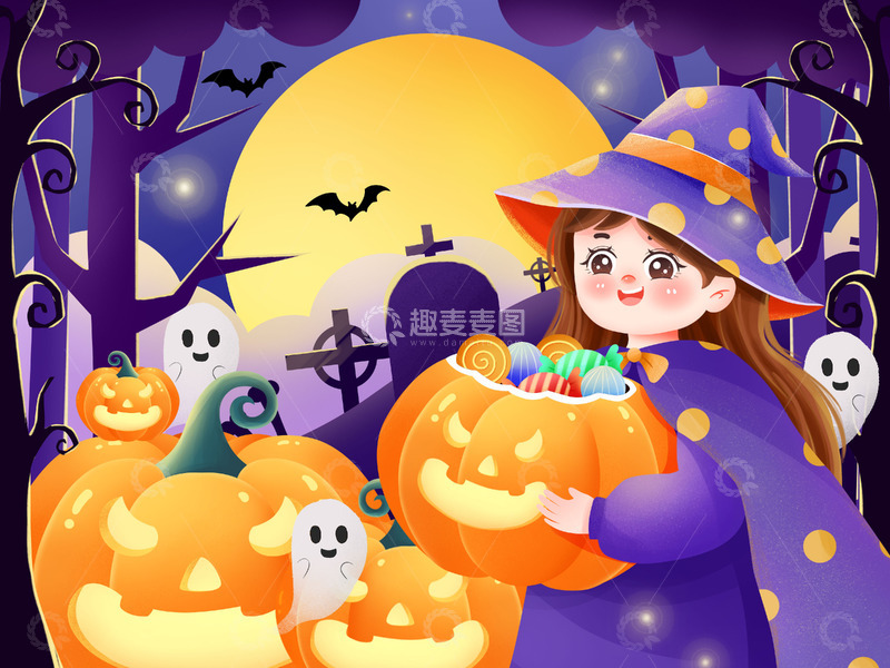 源文件下载【趣麦麦图】万圣节南瓜魔女女巫糖果幽灵插画