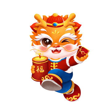 龙年形象春节手拿红包烟花爆竹手绘插画元素