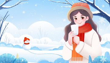 冬天一个女孩手捧水杯和户外雪景
