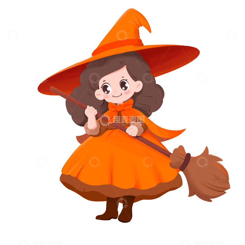 源文件下载【趣麦麦图】卡通手绘万圣节拿着扫帚的女巫卡通可爱形象