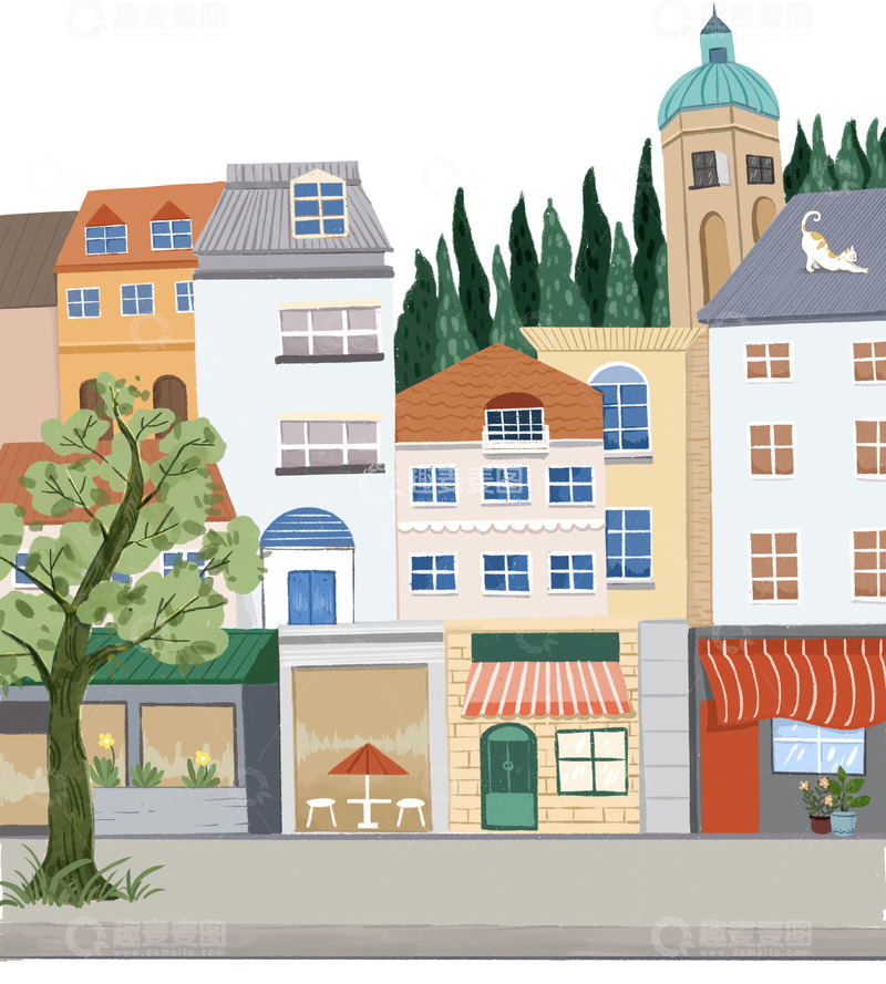 源文件下载【趣麦麦图】城市街景绿树街铺