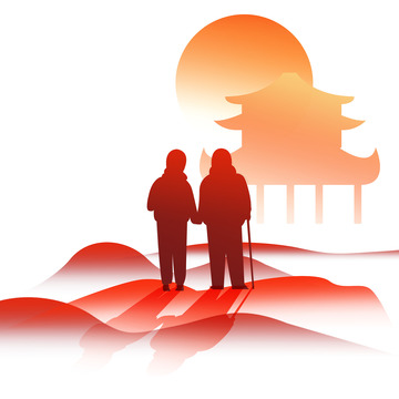 重阳节老人剪影爷爷奶奶出游
