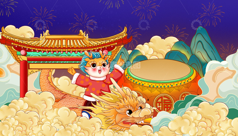 源文件下载【趣麦麦图】手绘新年插画龙海报背景