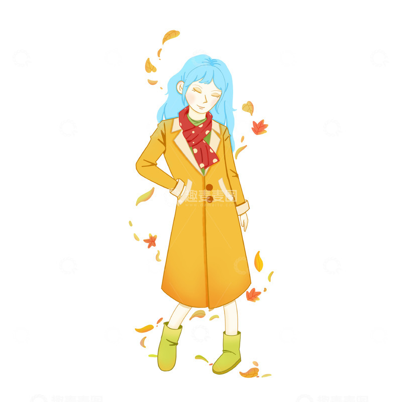 源文件下载【趣麦麦图】末秋立冬落叶大衣温柔女孩
