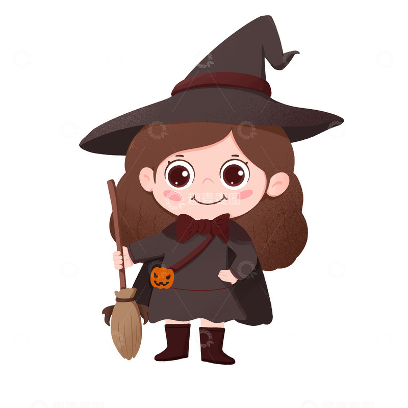 源文件下载【趣麦麦图】卡通手绘可爱的小女巫拿着扫帚免扣元素