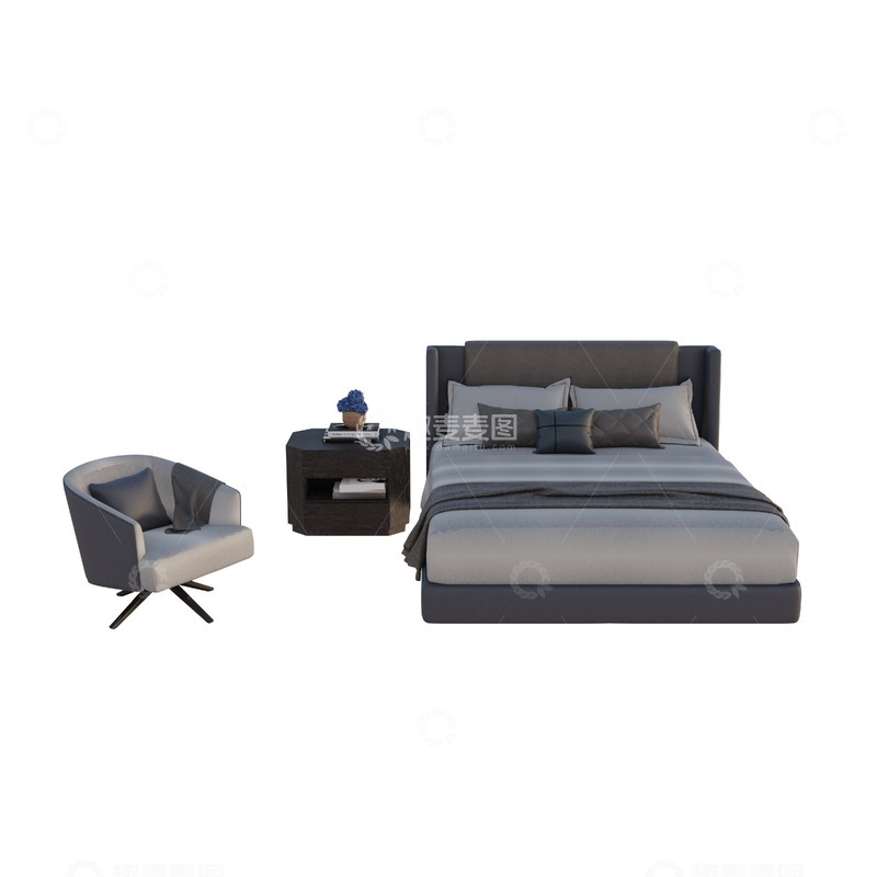 源文件下载【趣麦麦图】3D立体卧室床套装椅子床头柜装饰免扣元素