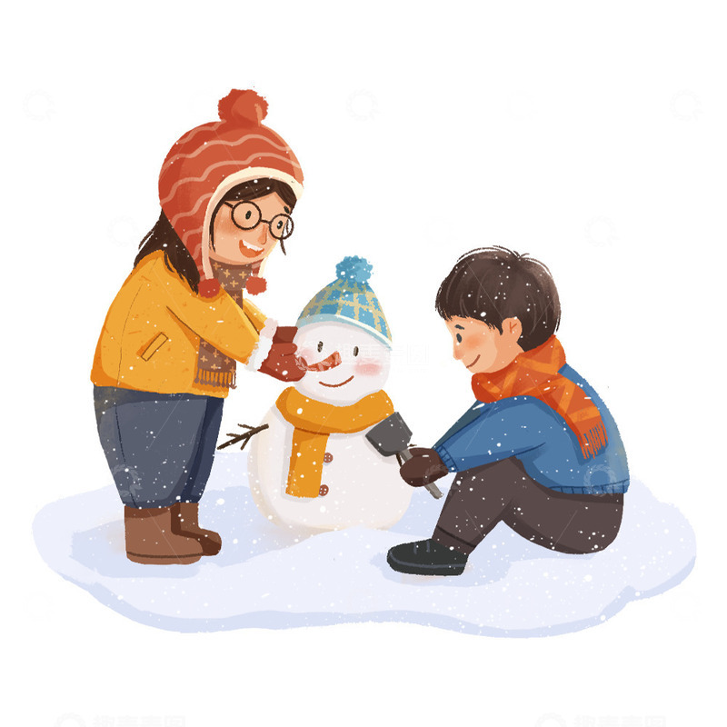 源文件下载【趣麦麦图】冬季下雪天男孩女孩堆雪人玩耍