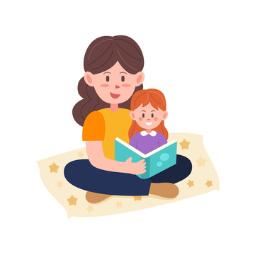 卡通温馨母女一起看书