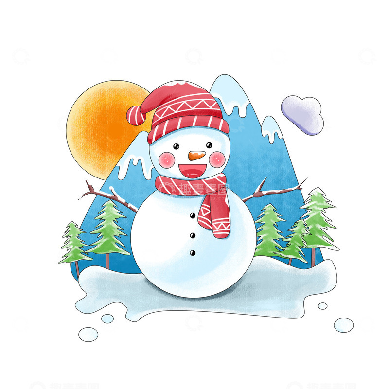 源文件下载【趣麦麦图】冬天雪人雪山太阳场景手绘插画