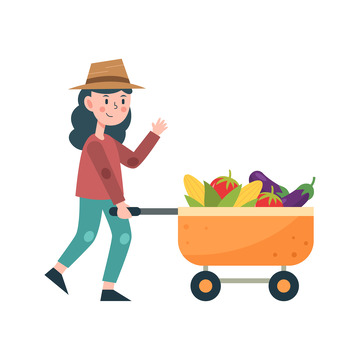 卡通简约推着推车的农场主