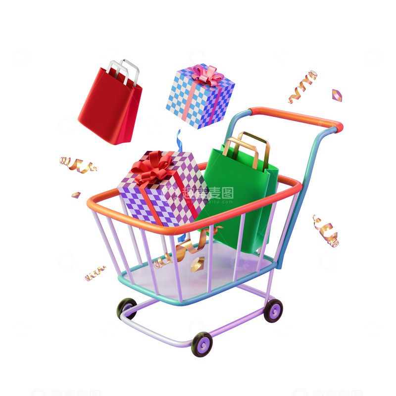 源文件下载【趣麦麦图】-卡通电商购物车礼品包购物袋3D促销元素